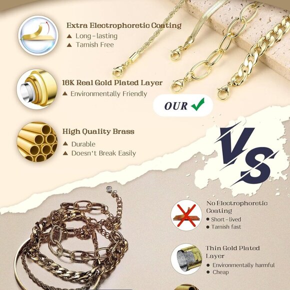 16k Chunky Gold Bracelets for Women Non Tarnish, Womens Gold Bracelet Stack Laye - Picture 2 of 8